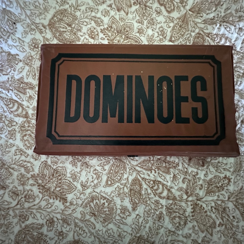Double Six Dominoes Set with Brown Faux Leather Case 28 Tiles vintage style